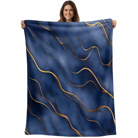 Flannel Fleece Throw Blanket Navy Blue Gradient Gold Stripe Lightweight Soft Plush Blankets,Water Ripple Abstract Art Cozy Warm Throw Blanket for Couch Sofa Bed Car Office All Season Use 40x50in