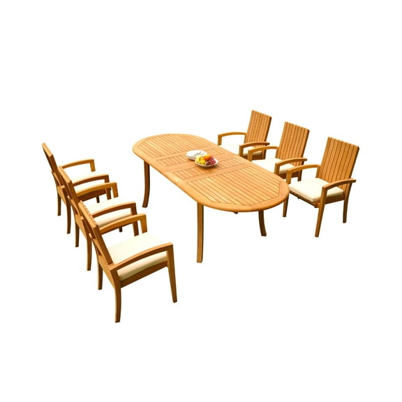 Grade-A Teak Dining Set: 6 Seater 7 Pc: 94" Oval Table And 6 Goa Stackng Arm Chairs Outdoor Patio WholesaleTeak #51GO1207