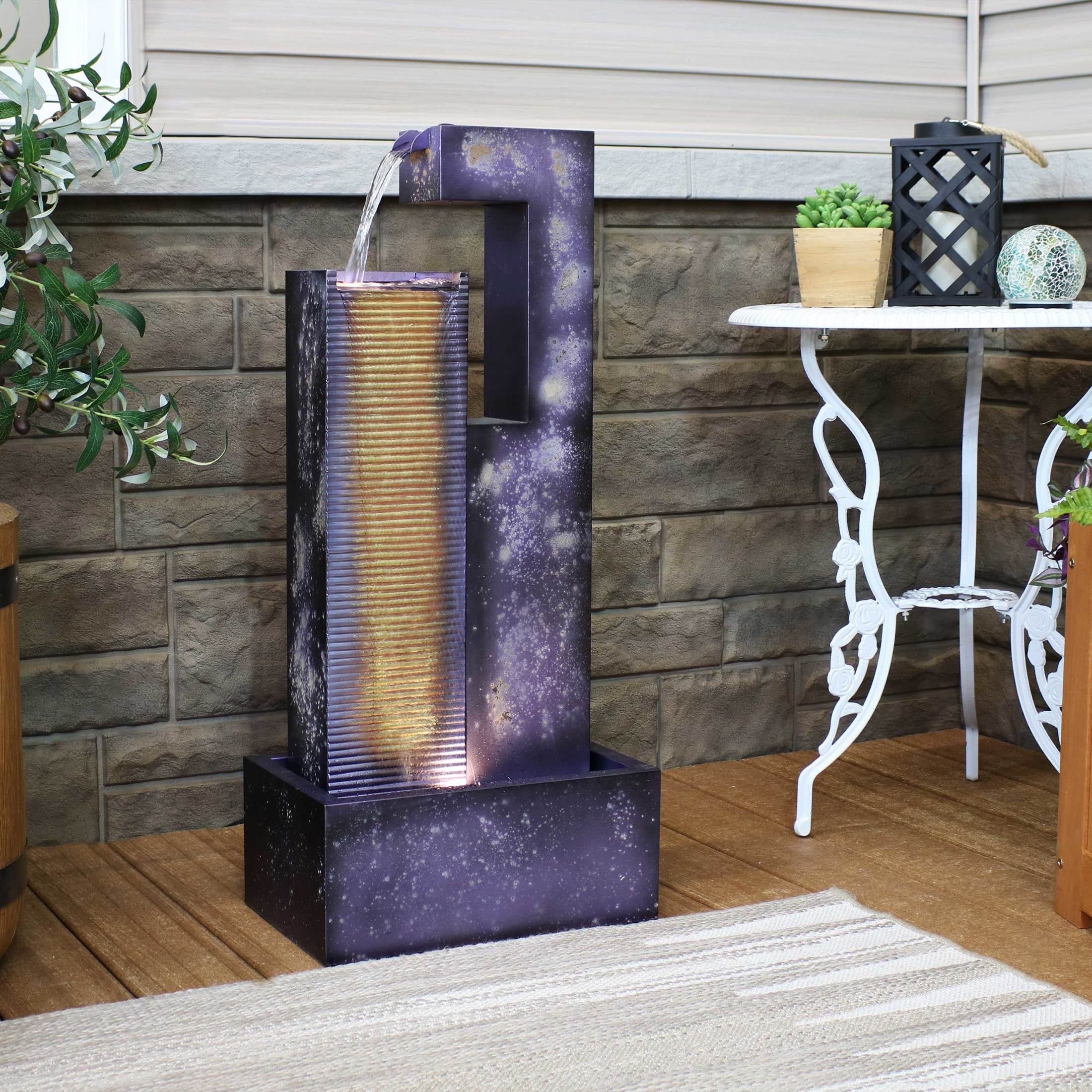 Sunnydaze Cascading Tower Metal Outdoor Water Fountain with Light