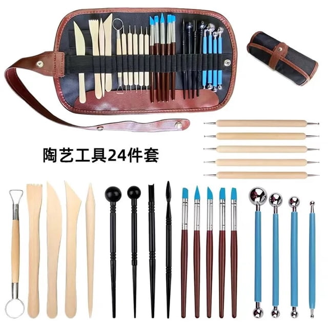 kit de herramientas para arcilla polimérica, juego de herramientas para esculpir arcilla, secado al aire para cerámica, artesanía, hornear, tallado, moldeado y moldeado con estuche enrollable marrón; vista cenital de 24 piezas: palas de madera para modelar, palillos dobles de madera, punzones y raspadores metálicos con mangos oscuros, herramientas de doble punta con mangos azules, bolas de modelado y herramienta de alambre para recortar. Cabezas metálicas y mangos de madera/plástico, para arcilla polimérica, arcilla seca al aire y manualidades; también adecuado para texturizar y detallar miniaturas.