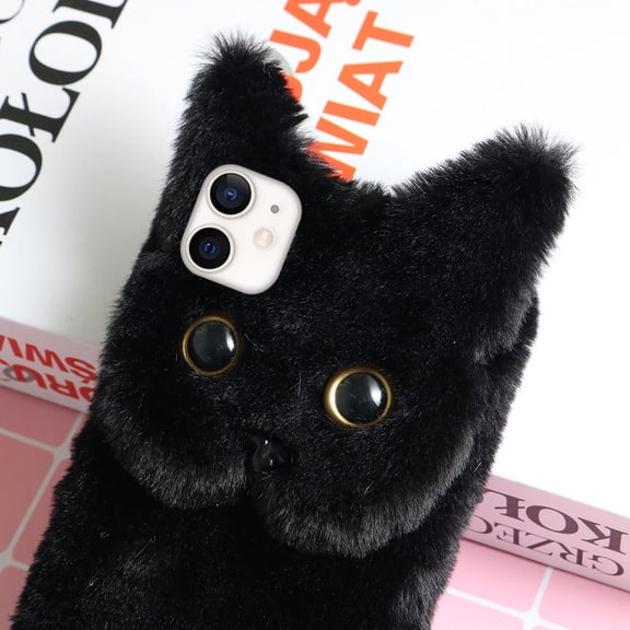 FELTECHELECTR Fluffy Phone Cover Black Plush Soft Case with All Around Protection for Smartphone