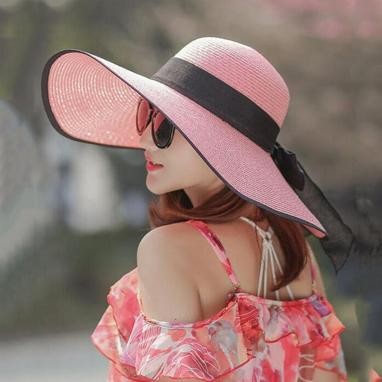 Labakihah beach hat Women Big Brim Straw Hat Sun Floppy Wide Brim Hats New  Bowknot Folding Beach Cap sun hat Pink