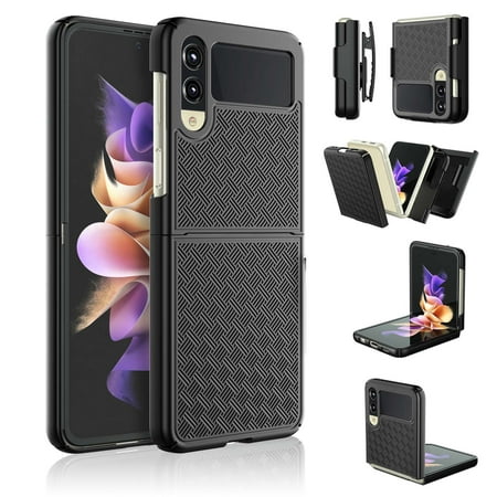 Njjex Case Holster for Galaxy Z Flip 4 5G, Black Locking Clip Defender Heavy Full Body Kickstand Carrying Armor Cases Cover For Samsung Galaxy Z Flip 4 5G