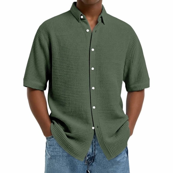 DPTALR Men's Slim Fit Solid Button Shirt Short Sleeve Turndown Collar Business Casual Style,Army Green,Big and Tall Man S