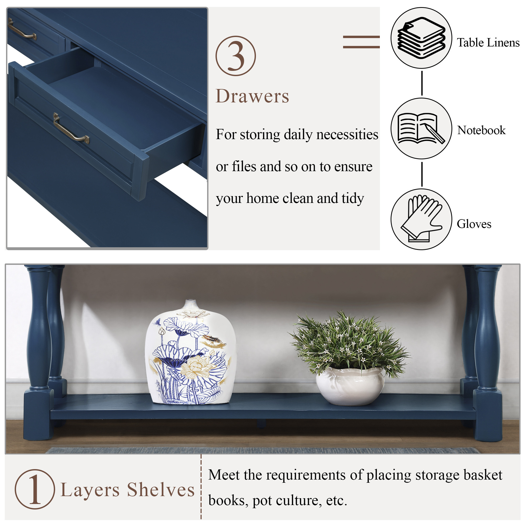Leumius 63In Long Wood Console Table with 3 Drawers and 1 Bottom Shelf for Entryway Hallway (Navy Blue)