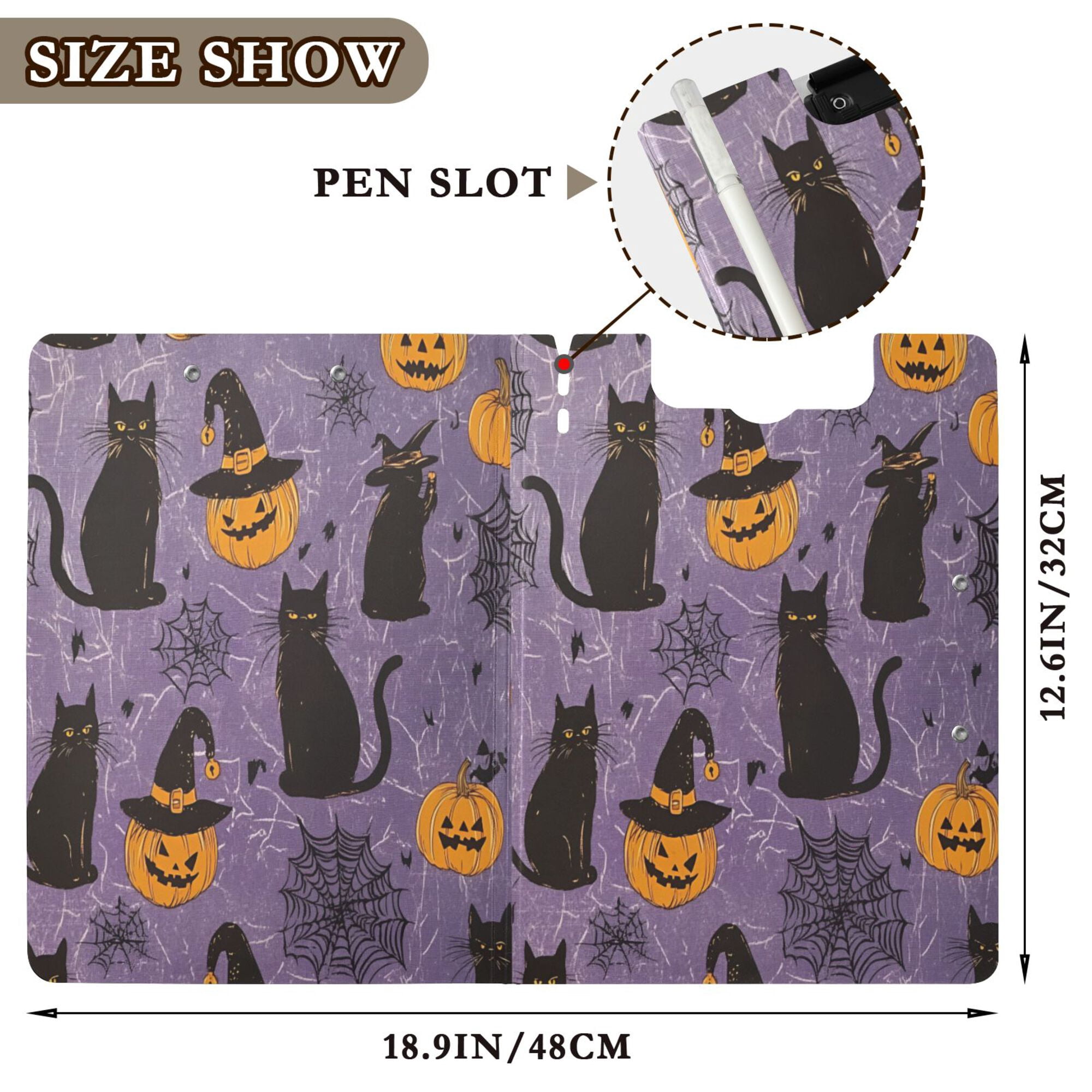 FORMRS A4 Clipboard Folder with Pen Holder Horizontal Foldable School Office Binder, Purple Halloween Black Cat