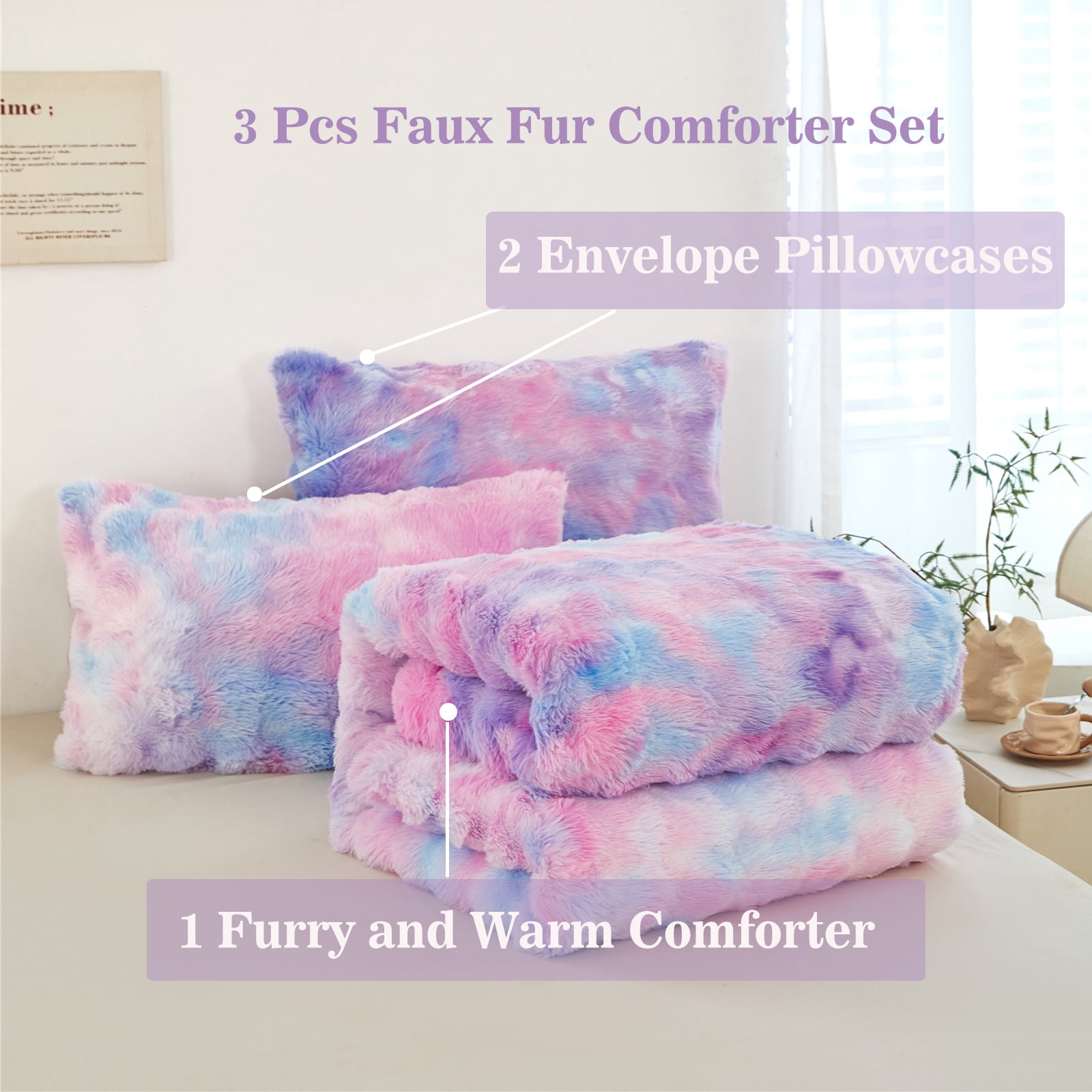 RYNGHIPY Kids Bedding Comforter Sets Full 3 Pieces Bubble Faux Fur Bedding Set Blue Purple Soft Shaggy Comforter Set Skin Friendly Fluffy Bed Set for Winter