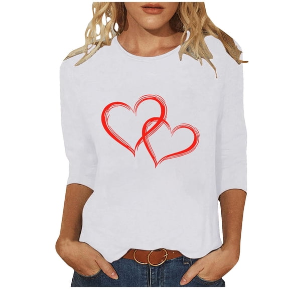 Lenpel Women's Tunic Tops 3/4 Length Sleeve Crew Neck Heart Printed T Shirts Plus Size Graphic Tees Loose Trendy Blouses(White,X-Large)