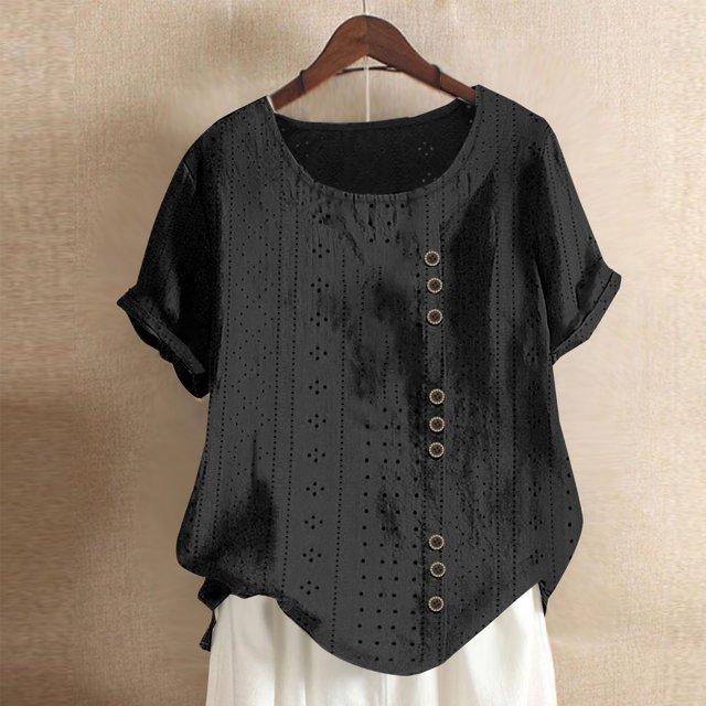 Blouses for Women, Womens Fashion Solid Color Comfortable Loose Short Sleeve Blouse Button Court Lock Casual Round-Neck Tops