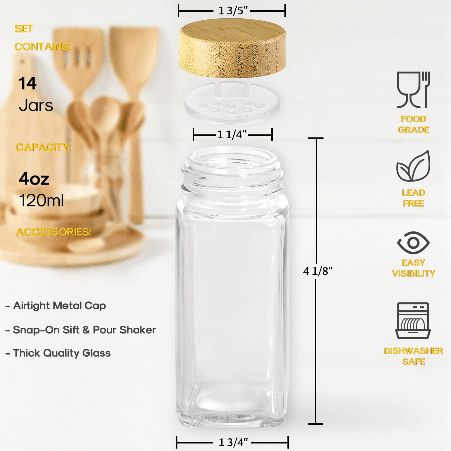 12 Pcs Glass Spice Jars with Bamboo Lids, 4 oz Glass Jars with Minimalist Farmhouse Spice Labels Stickers, Collapsible Funnel, Seasoning Storage Bottles for Spice Rack, Cabinet, Drawer