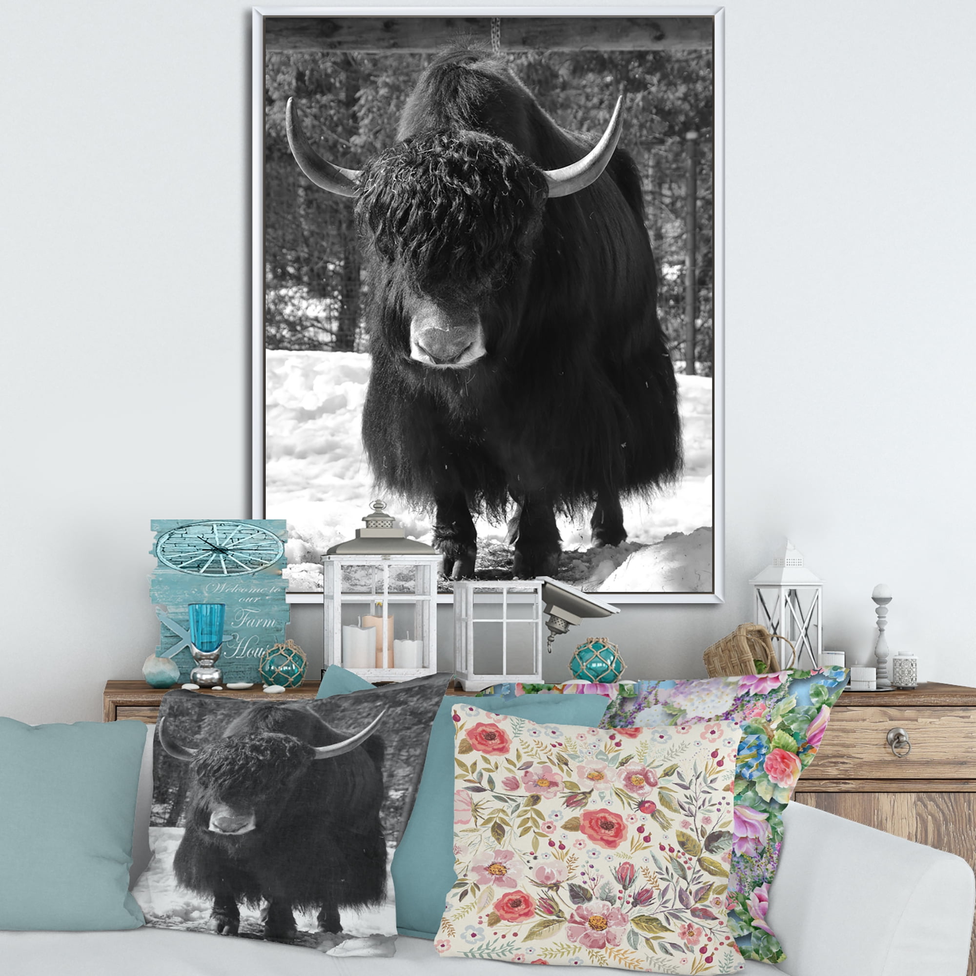 Portrait Of Monochrome Wild Bull In Winter Forest I 12 in x 20 in Framed Photography Canvas Art Print, by Designart