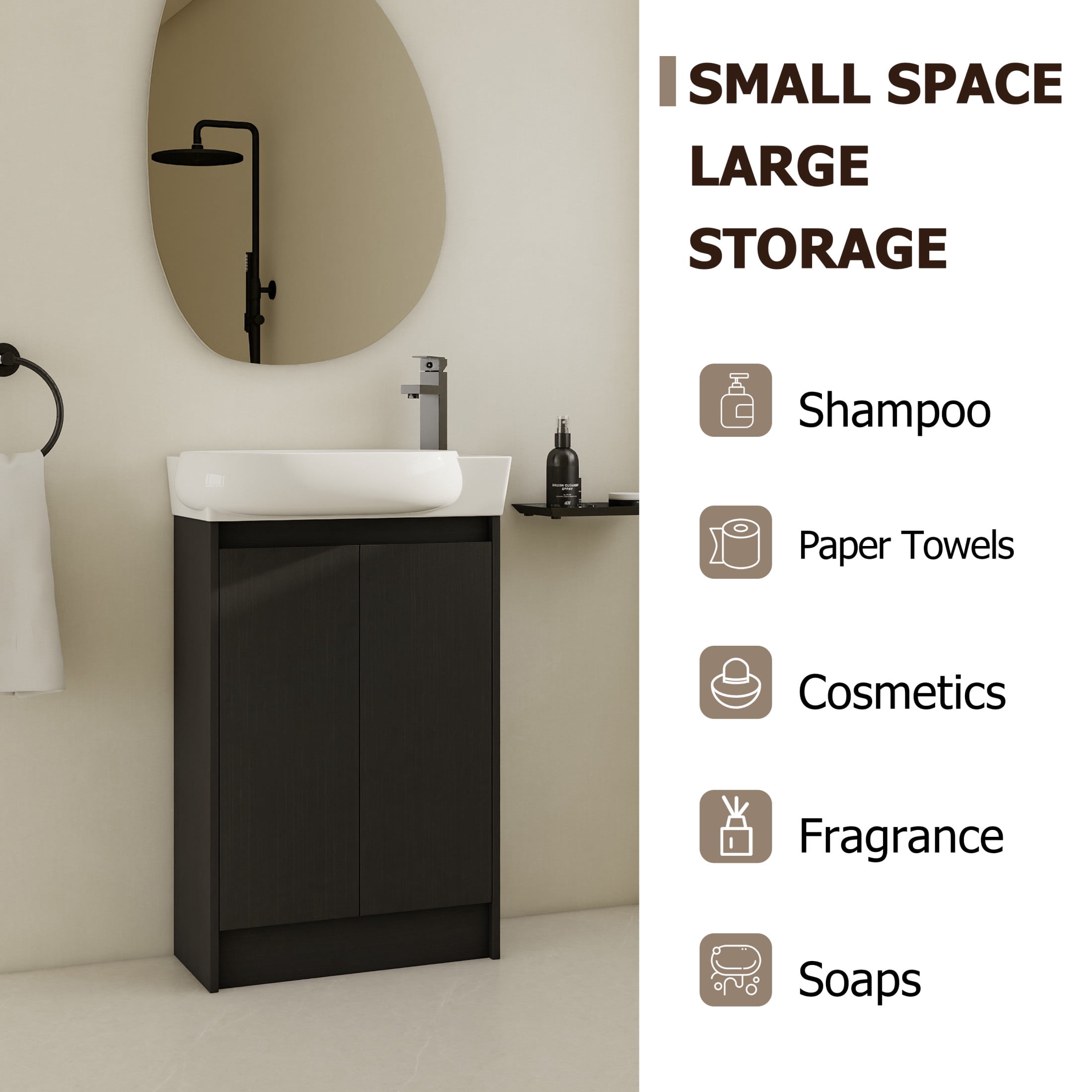 Noble House 23" Freestanding Bathroom Vanity with Sink, Soft Close Doors, Modern Storage Cabinet for Small Bathroom or Powder Room, Black Chestnut