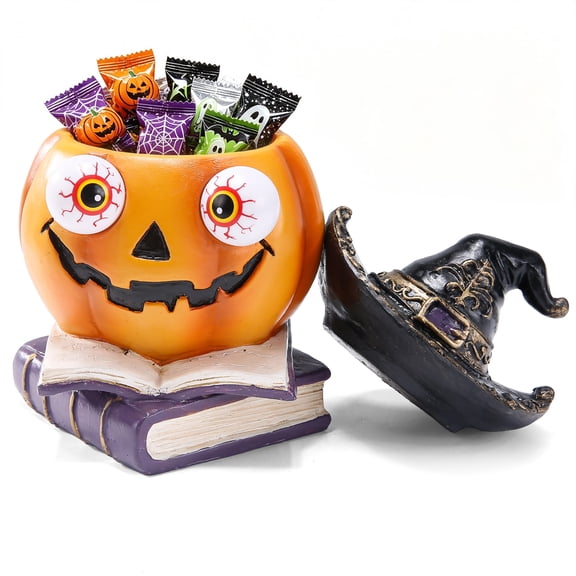 Halloween Pumpkin Statue, 7" Resin Witch Hat Candy Jar, Spooky for Party Table Home Decor