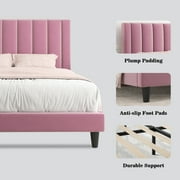 Allewie Queen Size Velvet Upholstered Bed Frame with Vertical Channel Tufted Headboard, Pink