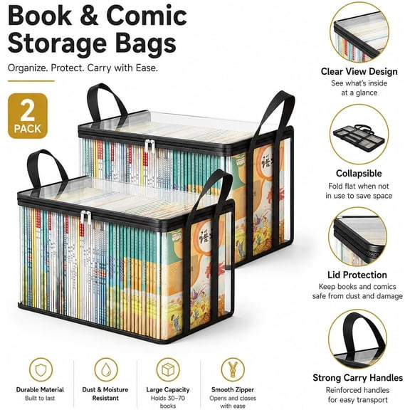 2 Pack Clear Storage Boxes with Lids, Stackable Foldable Organizer Bins for Clothes, Books & Home Storage