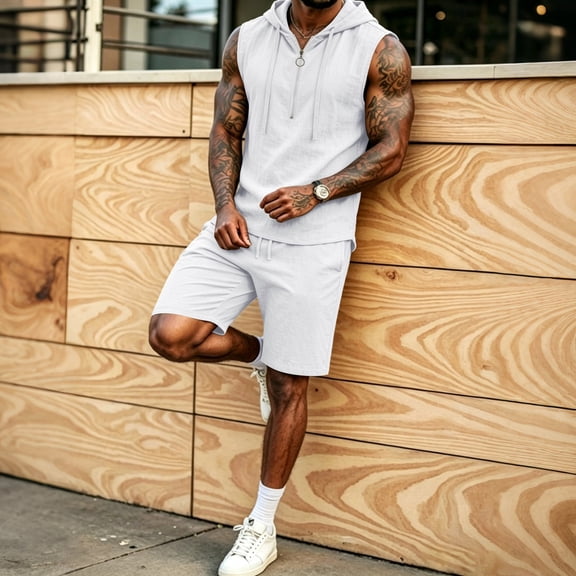 Mens 2 Piece Linen Outfits Sleeveless Hooded Tops Comfortable Shorts Workout Set Gym Tracksuit Sweatsuits White XXXL