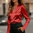 thumbnail image 2 of Craaazy Women's Loose Fit Solid Color Satin V-Neck Blouse - Long Sleeve Elegant Casual Top Gifts, 2 of 6