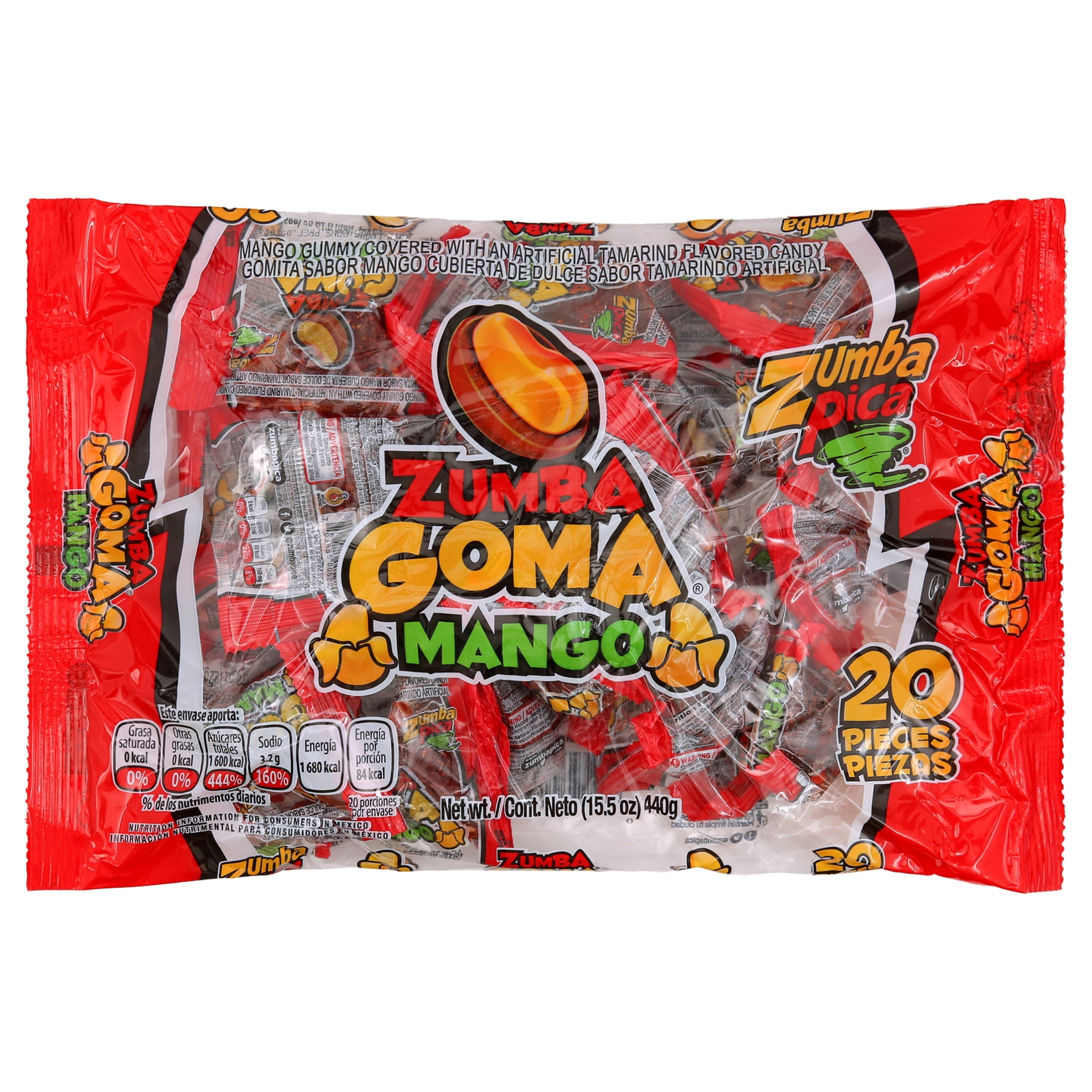 Zumba Pica Goma Mix Gummy Candy, Mexican Tamarind and Mango Candy, 20 Ct