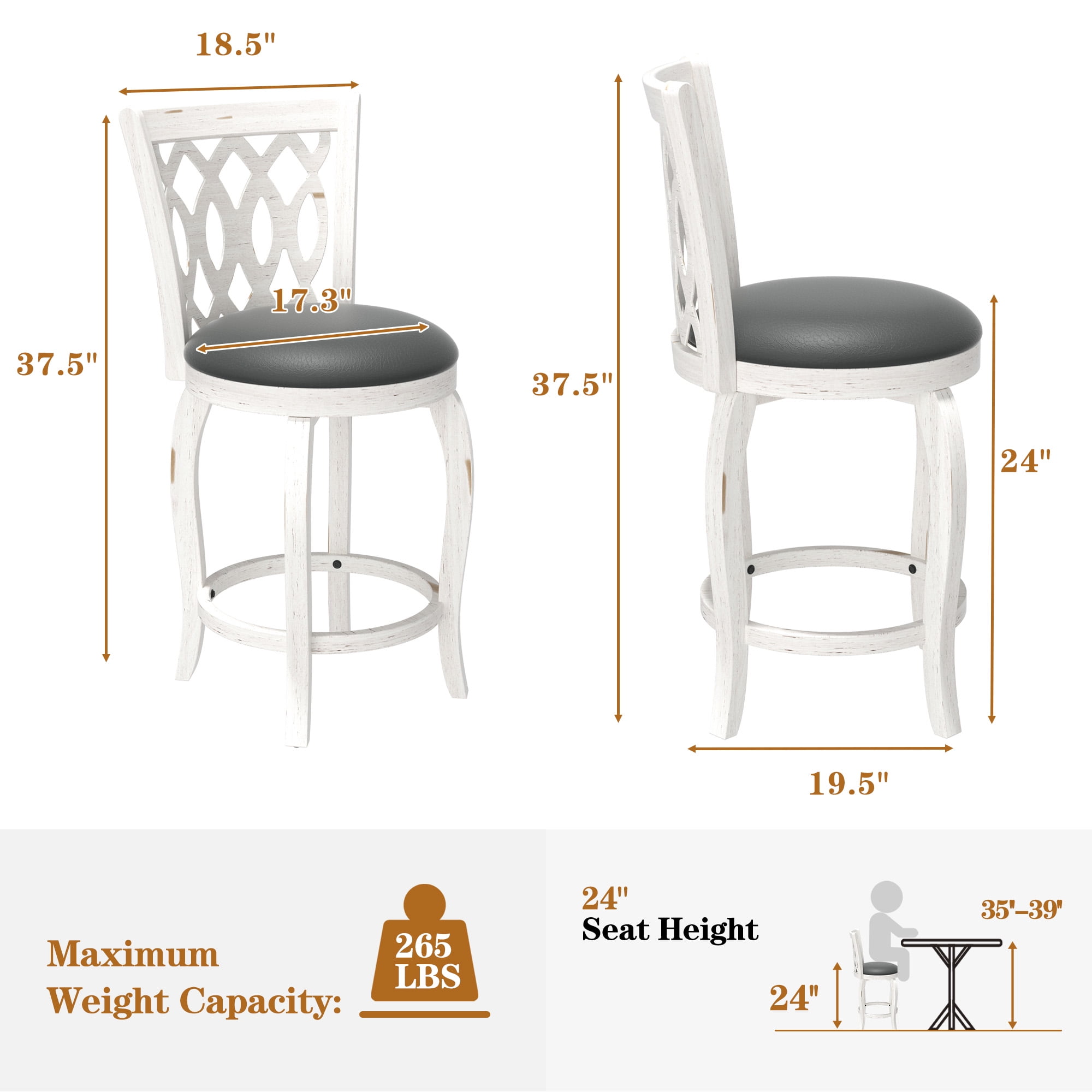 Joywind 24" Counter Height Swivel Bar Stools with High Back, Upholstered Seat & Solid Wood Footrest, White, Set of 2