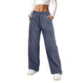 thumbnail image 2 of Women's Wide Leg Sweatpants Drawstring Waist Baggy Cargo Pants Casual Elastic Waisted Trousers with Pockets Navy M, 2 of 6