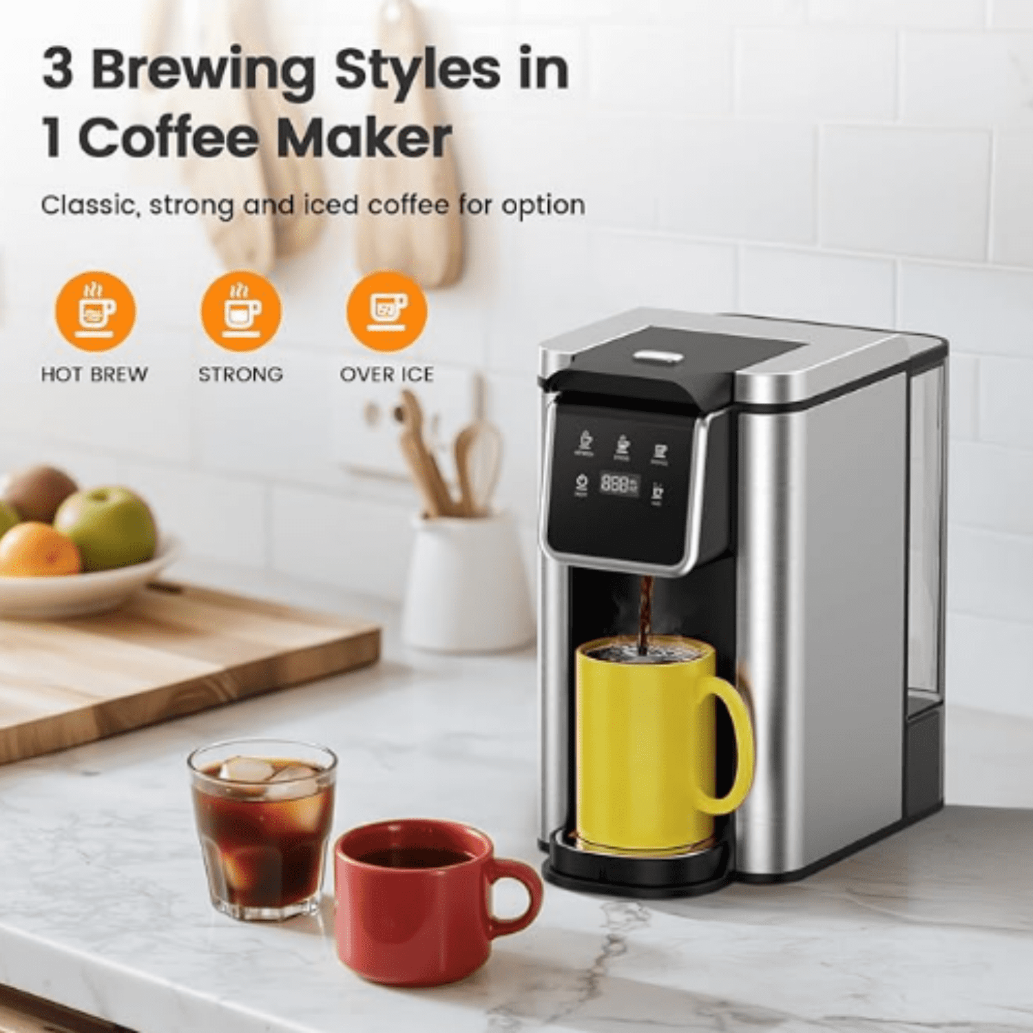 Single Serve Coffee Maker for  Pod and Grounds, Hot and Iced Coffee Maker, Strong Button Feature, 6 to 14oz Brew Sizes, 50oz Removable Reservoir, Up to 6.5 Inch Cup, Stainless Steel, Black