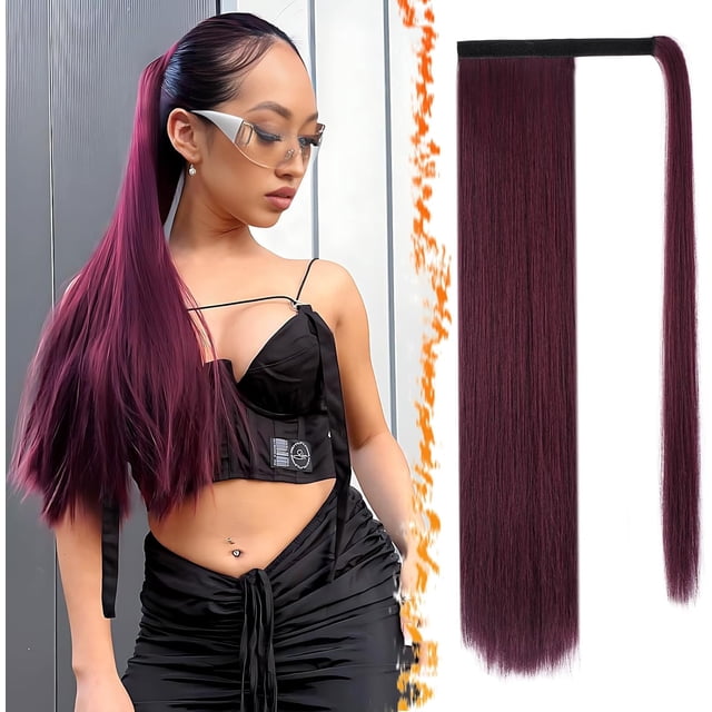 BARSDAR Extension de Queue de Cheval Droite Enveloppante Bourgogne Foncé - Queue de Cheval Droite Enveloppante de 26 Pouces de Long pour Femmes, Extensions de Cheveux Synthétiques à Clip en Queue de Cheval Rouge Postiches Quotidiens