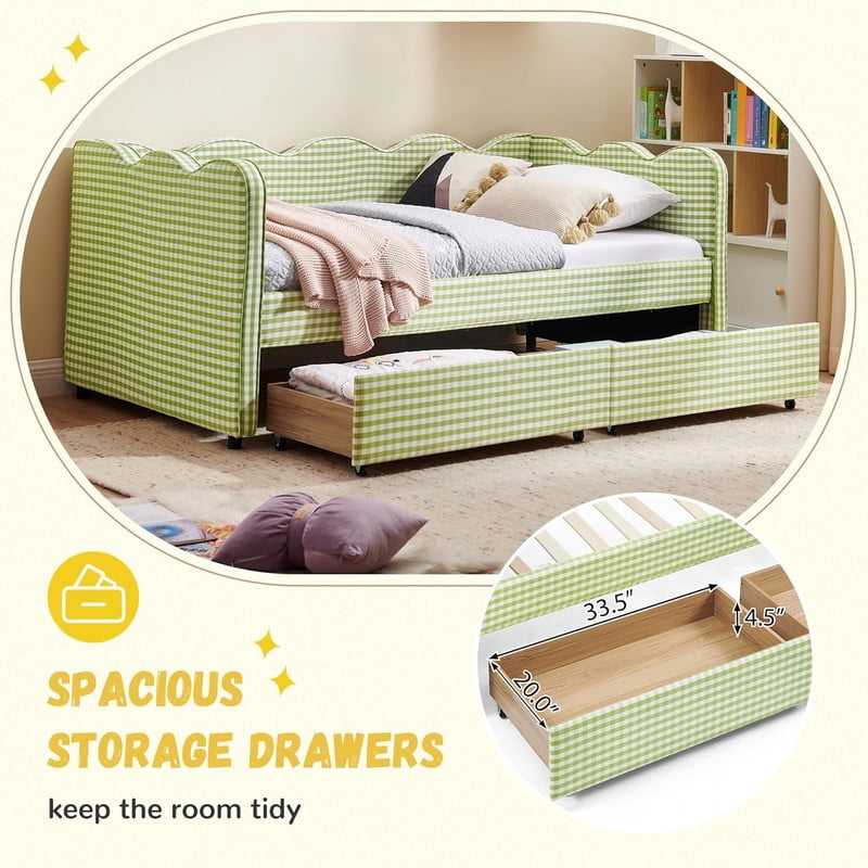 Twin Size Cozy Gingham Daybed with 2 Storage Drawers, Wave Shaped Linen Fabric Sofa Bed with USB Port for Living Room Bedroom