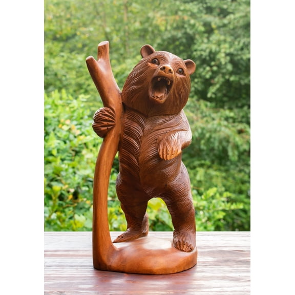 Wooden Hand Carved Grizzly Bear in a Tree Statue Handcrafted Handmade Figurine Sculpture Art Rustic Lodge Cabin Outdoor Indoor Home Decor Accent Decoration