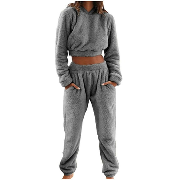 Tnhcen Women's Winter Thickened Hooded Sweatshirt Sleepwear Set - Fleece Lined Pajama Pants with Pockets Plus Size S-4XL Warm Lounge Wear