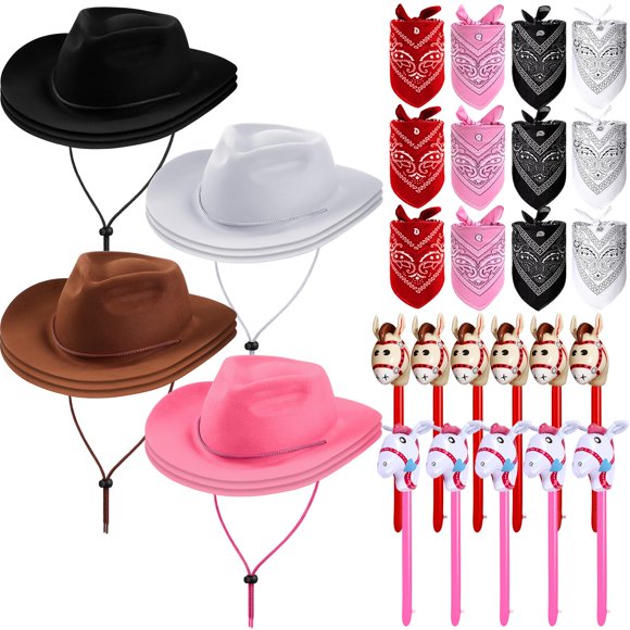 Set de disfraz de vaquero de Xtinmee con 36 piezas de gorro, bandana y caballo