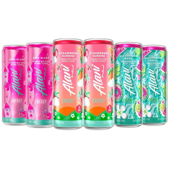 Alani Nu Energy Drinks Strawberry Sunrise, Watermelon Wave, Pink Slush Flavors Variety Pack Sugar-Free, Low-Calorie, 200mg Caffeine, 12 fl oz (Pack of 6)