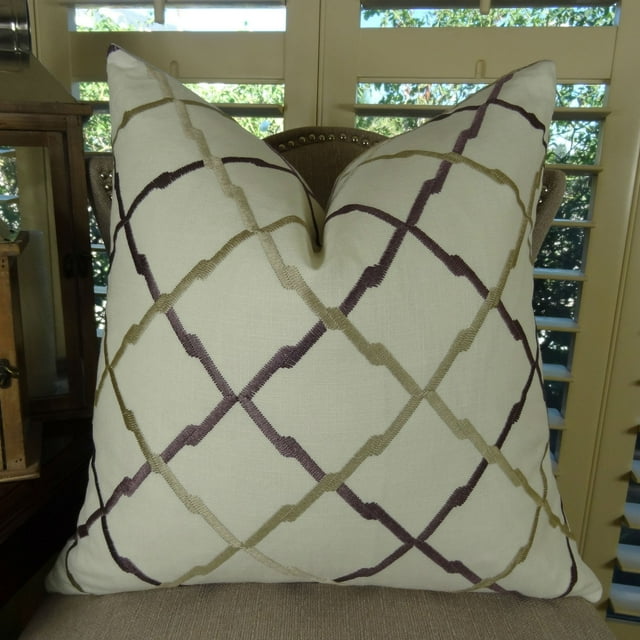 Thomas Collection White Purple Taupe Linen Embroidered Geometric Pillow - 11180