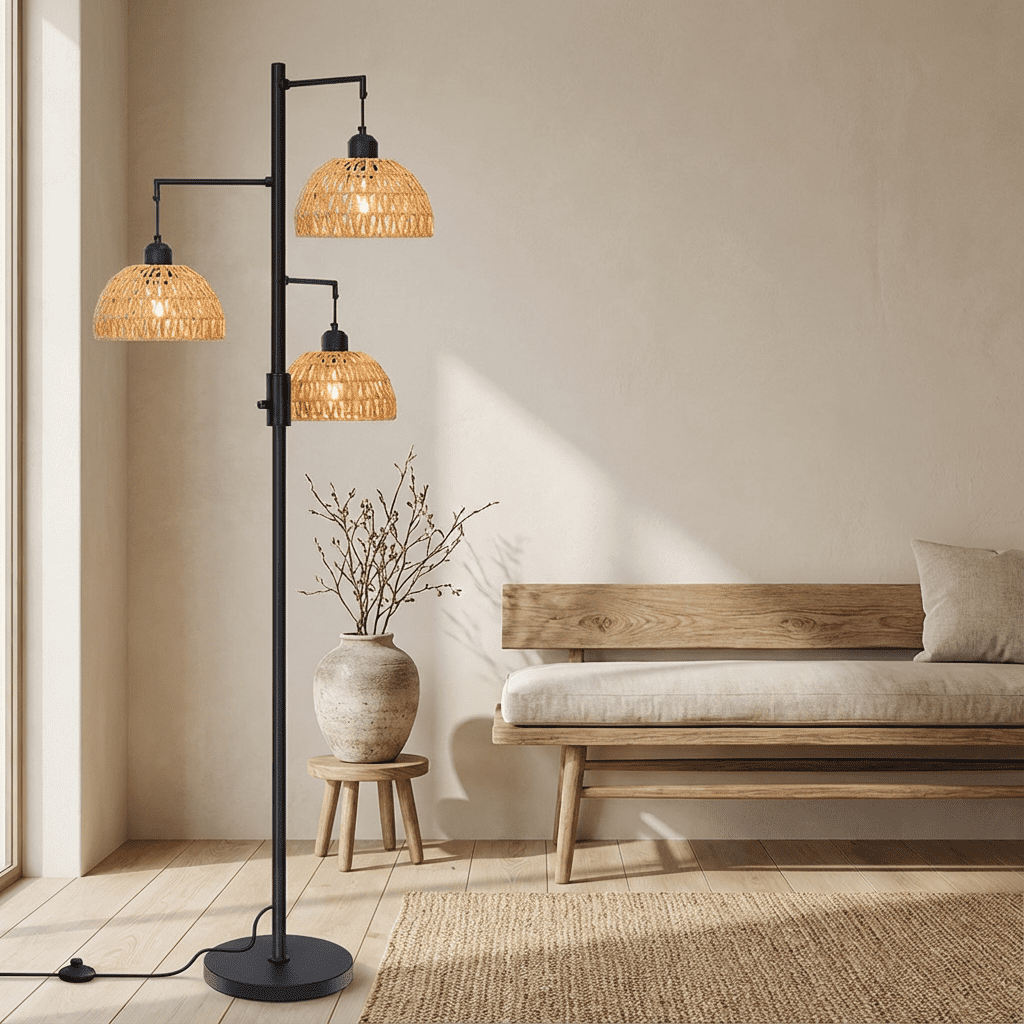 SERBASIC Tree Floor Lamp with 3 LED Bulbs, Boho Rattan Floor Lamp for Living Room and Bedroom, 72" Tall Standing Lamp with Stable Heavy Base, Industrial Farmhouse Decor