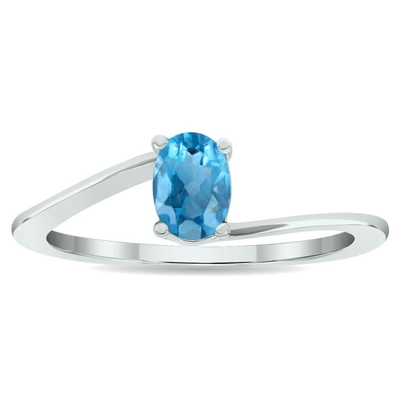 SZUL Women's Solitaire Blue Topaz Wave Ring in 10K White Gold