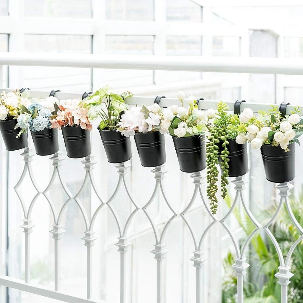 8Pcs Iron Fence Hanging Flower Pots,Metal Railing Planters,Garden Plants Planter Box,Tin Bucket Flower Holder,for Indoor Outdoor Home Office Decoration 4Inch-Black
