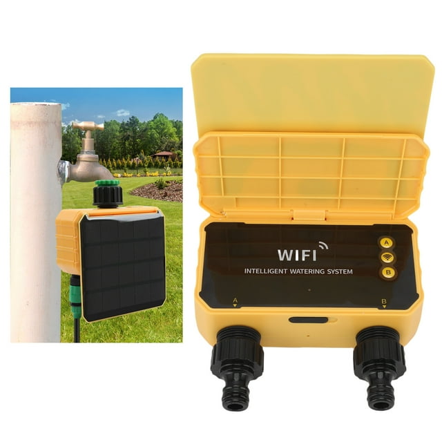 Timer de gicleurs à 2 zones, WiFi App Control Timer Irrigation Timer Auto Manuel Interval Temps Réglage de 0,3-8 kg 8-31L / min 3200mAh Batterie pour Villa Courtyard