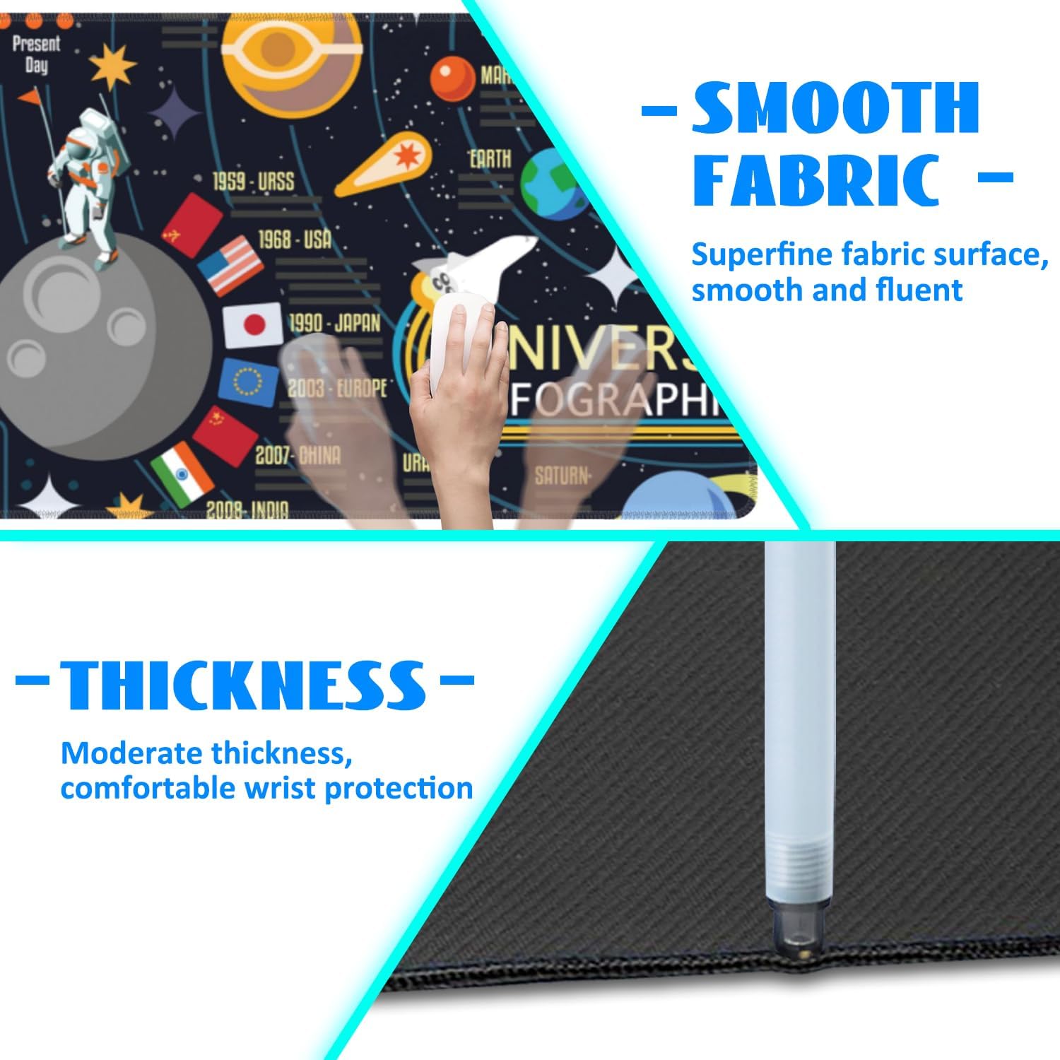 Desk Mat, 3D Solar System Galaxy Infographic Extended Gaming Mouse Pad Large, 35.4"x15.7" Big Mouse Pad with Non-Slip Base and Stitched Edge, Long Computer Keyboard Mouse Mat for Home Office Work