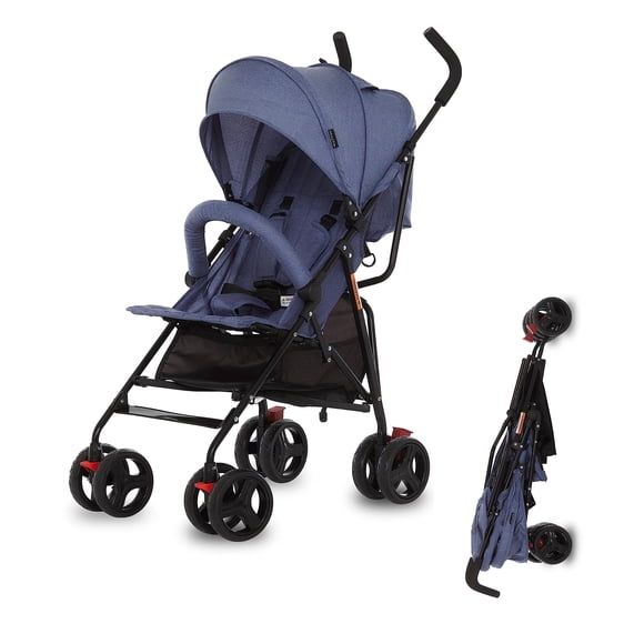 Dream On Me Vista Moonwalk Cochecito de bebé en azul, cochecito infantil ligero con plegado compacto, cochecito paraguas reclinable multiposición con toldo, almacenamiento extra grande y portavasos