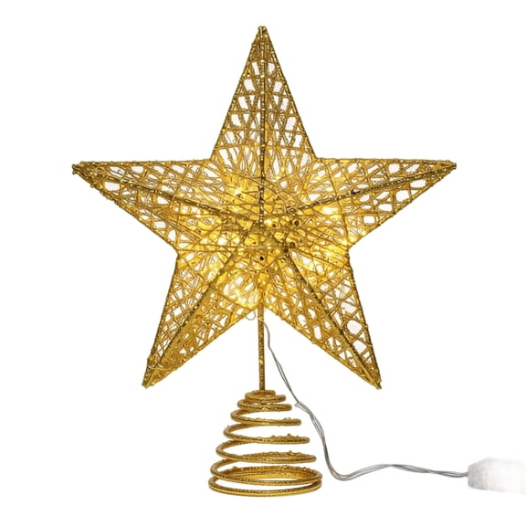 Christmas Tree Topper, Lighted Gold Star Tree Topper with Spiral Base, 3D Glitter Iron Star Decoration for Indoor Holiday Home Party, 6x12 Inch