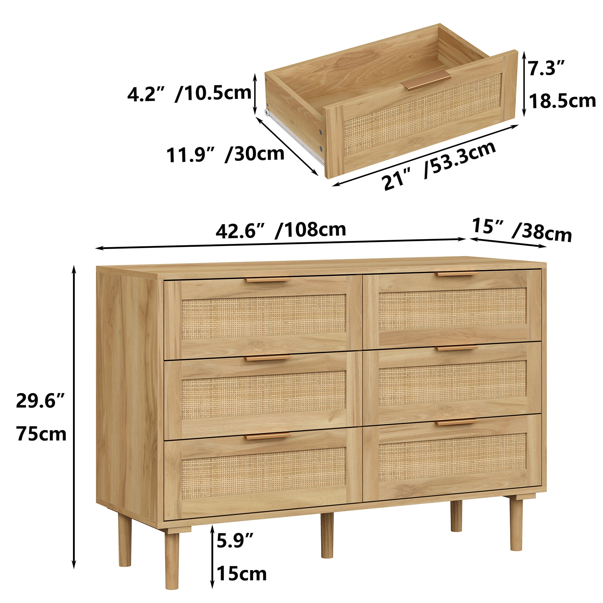 Furnihold Rattan Dresser for Bedroom Natural Wood Dresser 6 Drawer Dresser for Closet Beside Table for Bedroom, Living Room