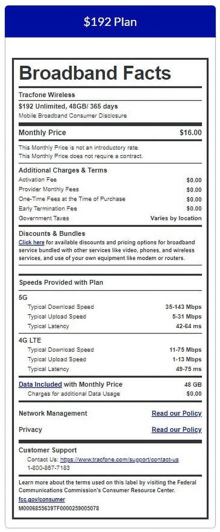 Tracfone $192 Unlimited Talk & Text plus 48 GB of Data 365-Day - Prepaid Plan Direct Top Up