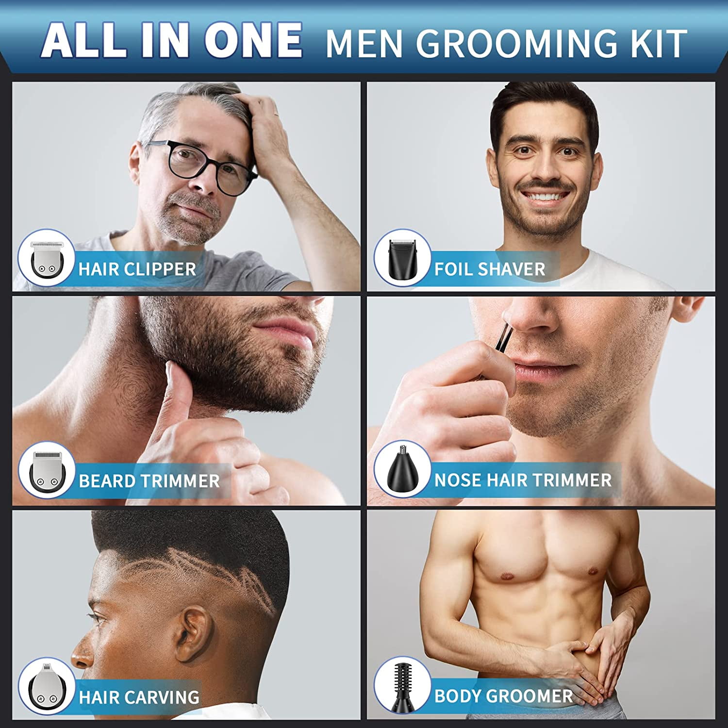 Beard Trimmer for Men, Waterproof Electric Hair Trimmer Beard Grooming Kit Mustache Nose Hair , Cordless Hair Clippers Electric Razor for Men, Gifts for Men Father