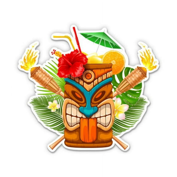 Tiki Tropical Vacation Drink Torches - 3" Vinyl Sticker - For Car Laptop I-Pad Phone Helmet Hard Hat - Waterproof Decal