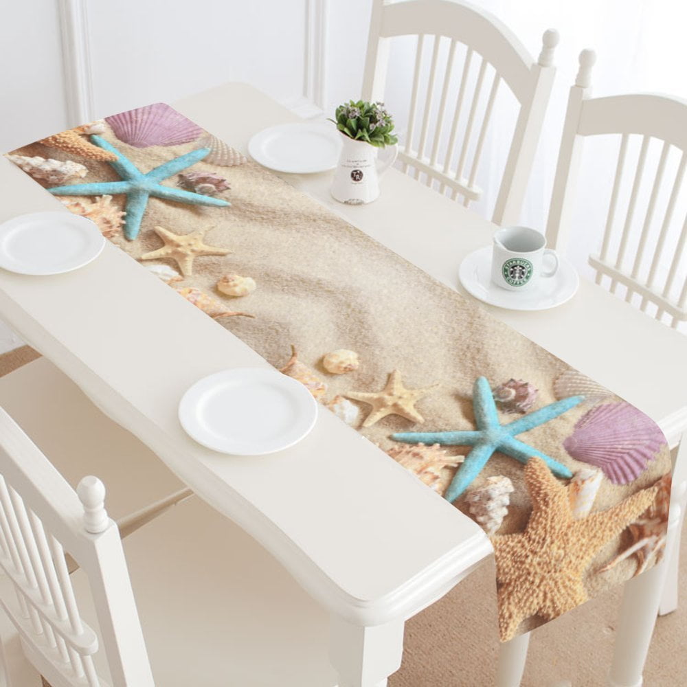AUUXVA TFONE Starfish Seashell Ocean Sea Beach Table Runner Durable Polyester Fabric Table Runners for Kitchen Dinner Holiday Wedding Parties Decor 13 x 90 Inches Long