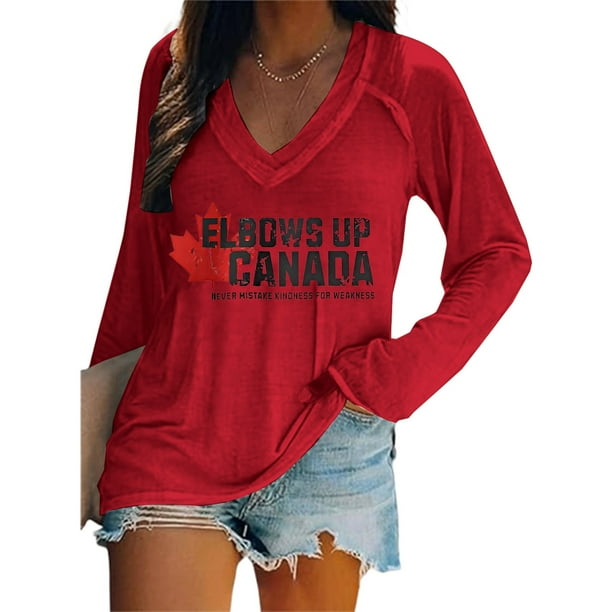 MHFRRA Camiseta de Manga Larga con Cuello En V y Estampado de La Bandera de Canadá para Mujer Rojo