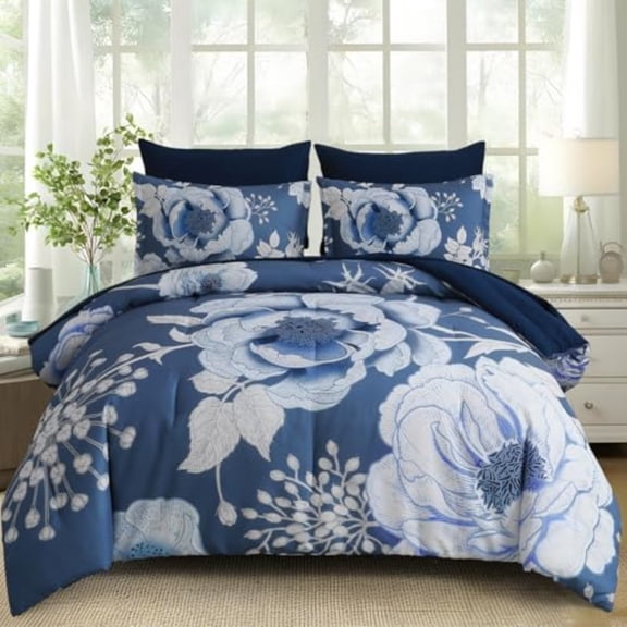 Floral Comforter Set Queen Size 7 Pieces Bed in a BagFlower Print on Blue Bedding Set Soft Microfiber Bedding Set for All Season Blue 90x90