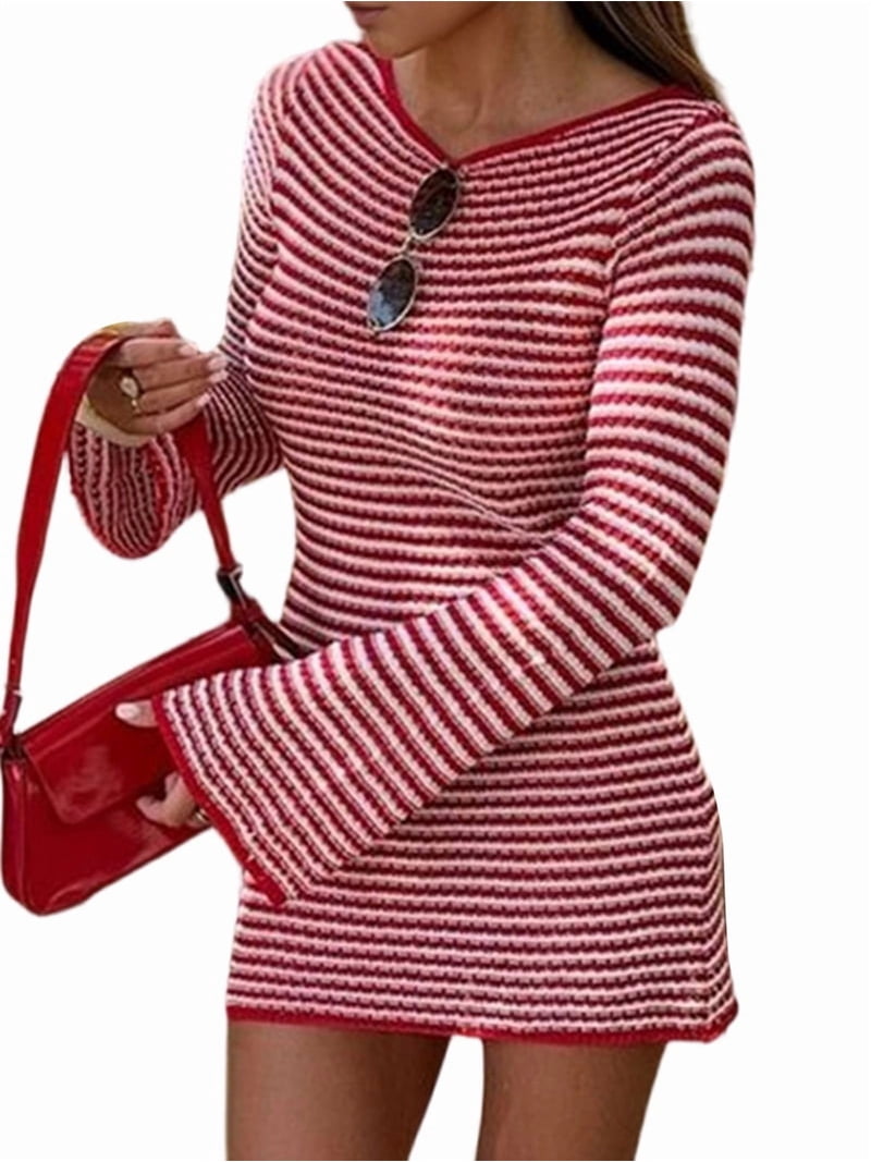 red striped bodycon dress Women'S Mini Crew Neck Long Sleeve Casual Fall Dresses M + Our dresses are