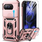 MUKO for Google Pixel 9A Case with Screen Protector & Slide Camera Lens Cover, Built-in 360°Rotate Magnetic Ring Stand Shockproof Protective Phone Case for Google Pixel 9A Case Rose Gold