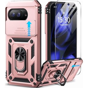 MUKO pour Google Pixel 9A Boîtier avec protecteur d'écran & Couvre-objectif de la caméra coulissante, intégré 360°Rotate Magnetic Ring Stand Shockproof Protective Phone Case pour Google Pixel 9A Cas Rose Or