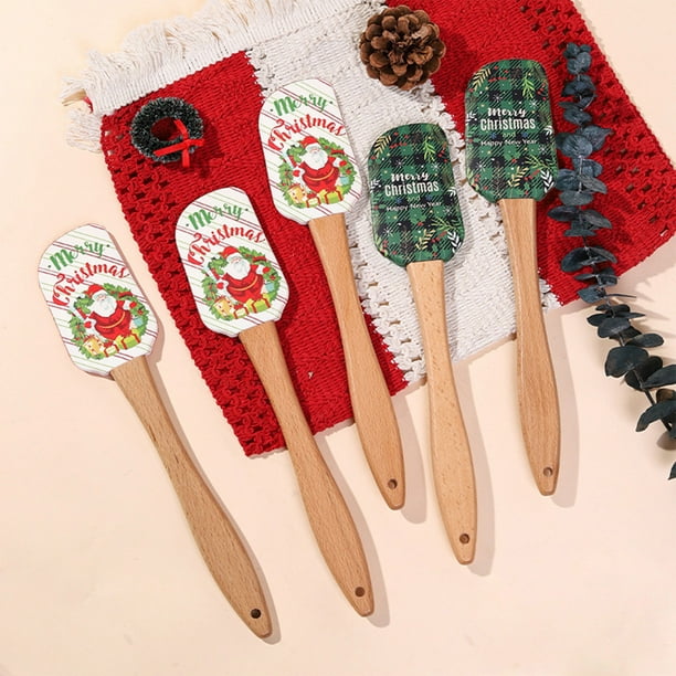 Espátula de silicona navideña con mango de madera | Herramienta de repostería festiva | Utensilio de cocina navideño de papá Noel de jengibre | Cuchillo de remover fácil de limpiar | 1 pieza 25x5,5cm